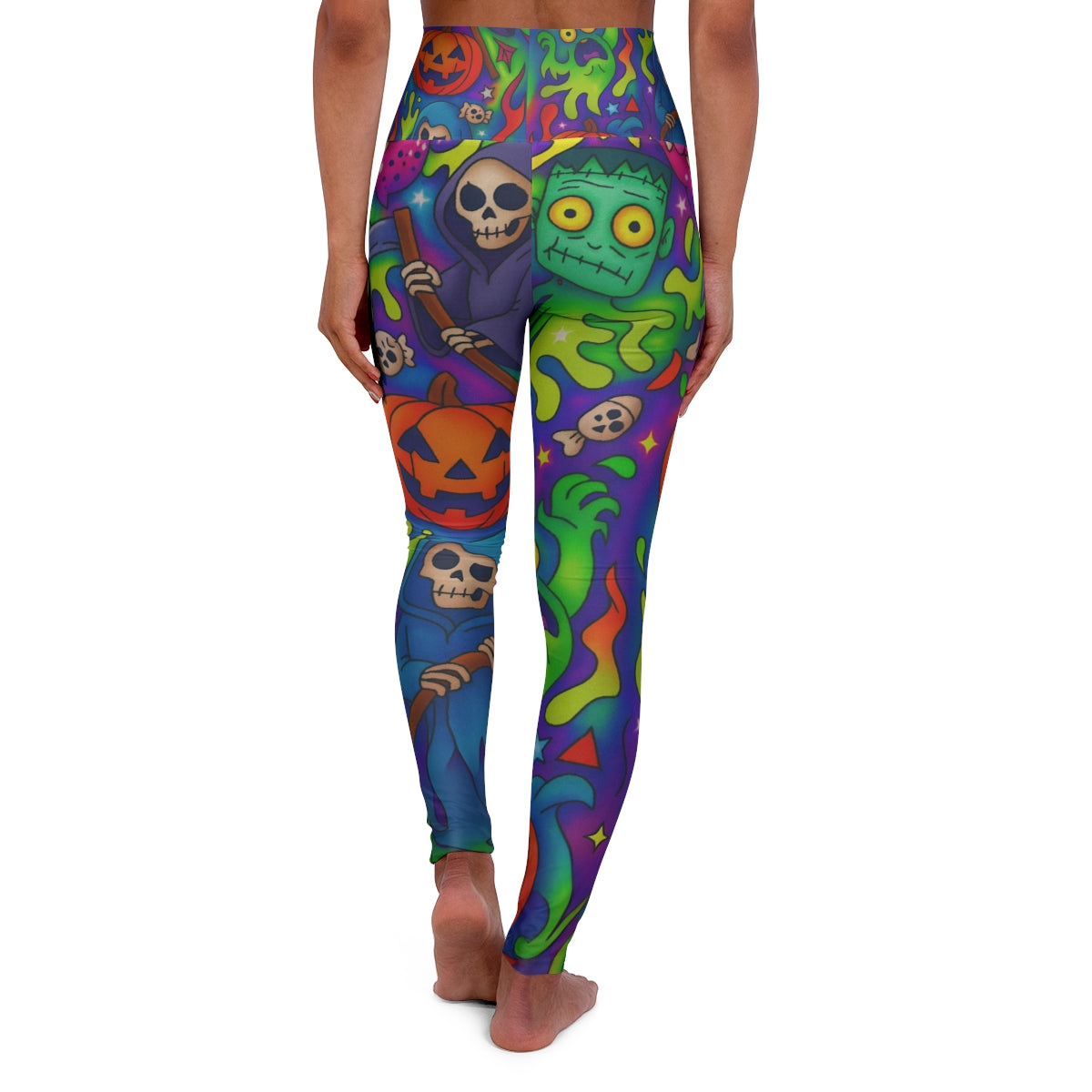 Neon Halloween Pattern Yoga Pants – Vibrant High-Waisted Leggings for the Spooky Season