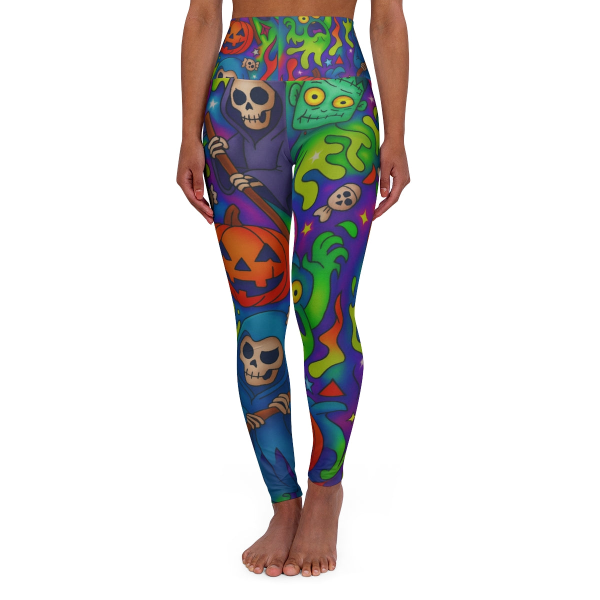 Neon Halloween Pattern Yoga Pants – Vibrant High-Waisted Leggings for the Spooky Season