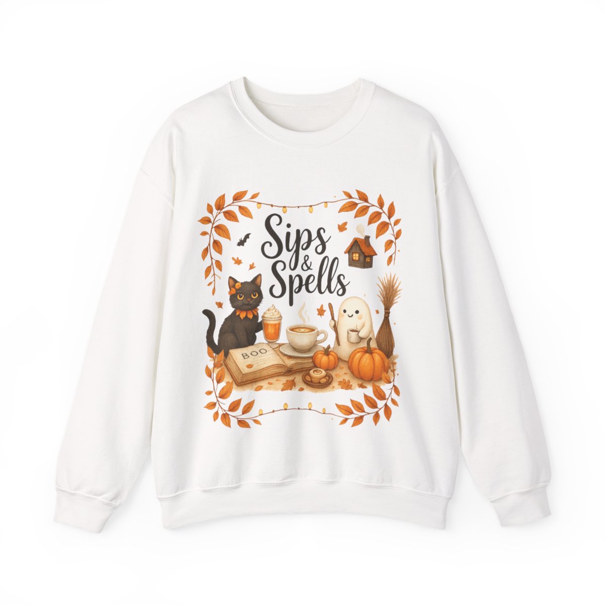 “Sips & Spells” Cozy Halloween Crewneck Sweatshirt – Fall Cat, Coffee & Pumpkin Graphic Pullover