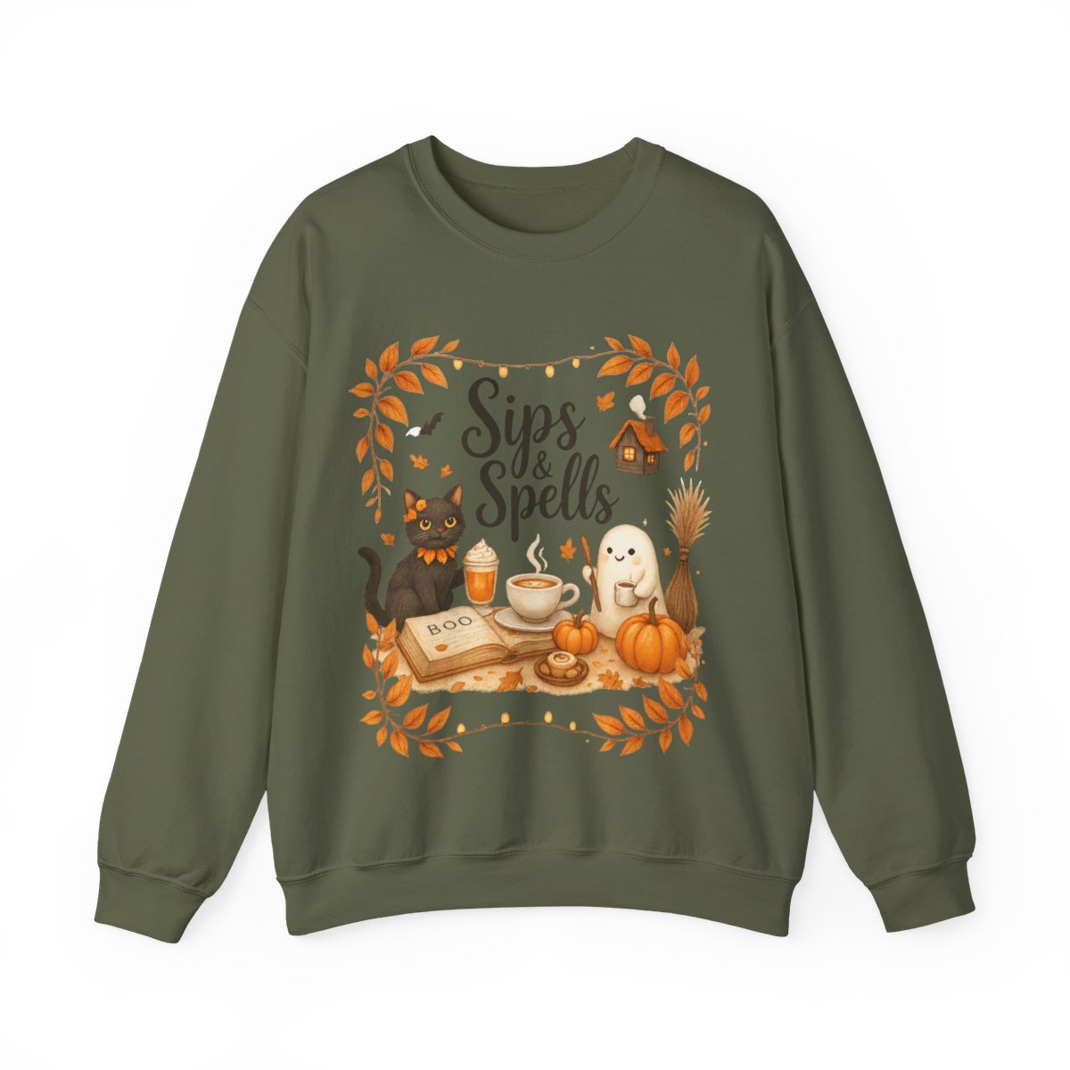 “Sips & Spells” Cozy Halloween Crewneck Sweatshirt – Fall Cat, Coffee & Pumpkin Graphic Pullover