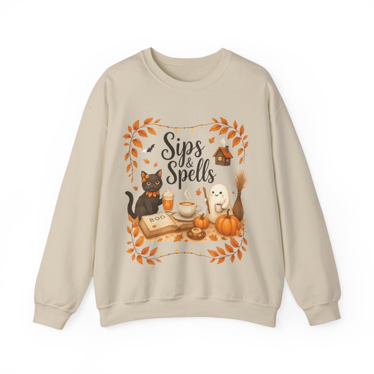 “Sips & Spells” Cozy Halloween Crewneck Sweatshirt – Fall Cat, Coffee & Pumpkin Graphic Pullover