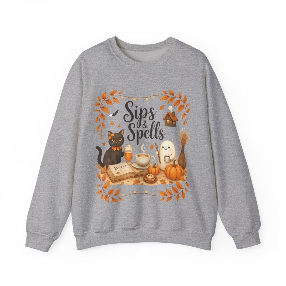 “Sips & Spells” Cozy Halloween Crewneck Sweatshirt – Fall Cat, Coffee & Pumpkin Graphic Pullover